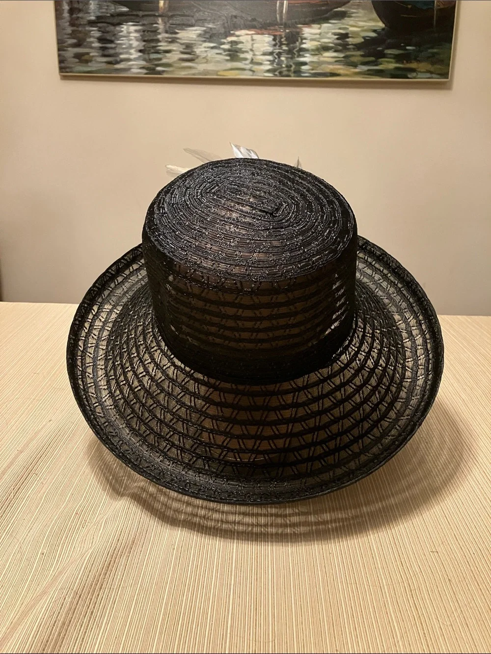 Black Wide-Brim Hat with Gray Feather Beaded Floral Accent